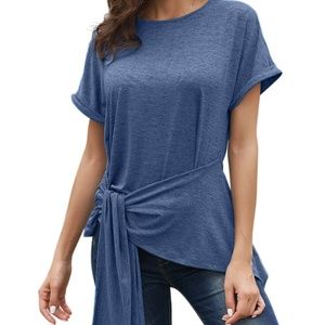 Brand New Blue Wrap Self Tie Waist Short Sleeve Top